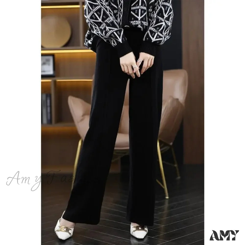 All-Match Solid Wide Leg High Waist Casual Thick Pants Black / S