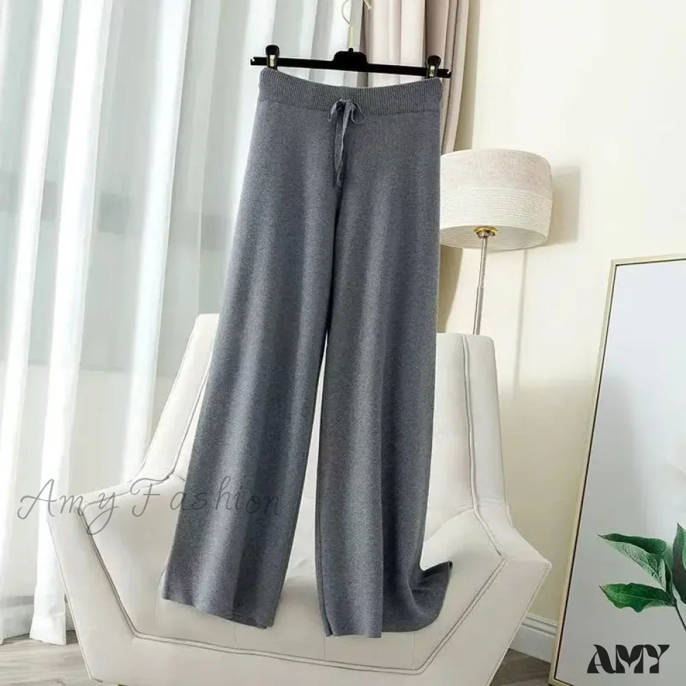 All-Match Solid Wide Leg High Waist Casual Thick Pants Gray / S