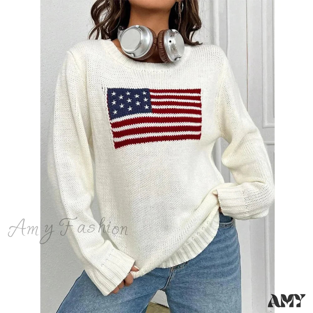 American Flag Embroidery Long Sleeve Crewneck Vintage Loose Sweater