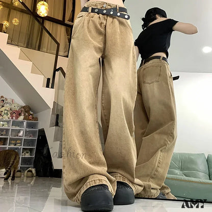 American High Waist 2000S Y2K Vintage Designer Baggy Girls Harajuku Brown Denim Jeans