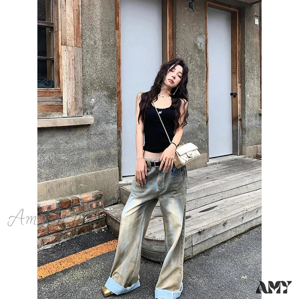 American Retro High Waist Straight Hip-Hop Vintage Casual Y2K Grunge Oversized Jean