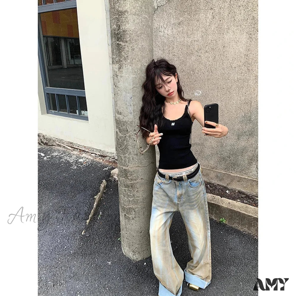 American Retro High Waist Straight Hip-Hop Vintage Casual Y2K Grunge Oversized Jean Blue / S