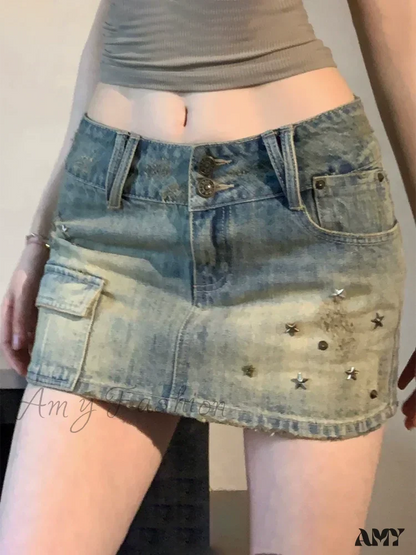 American Retro Rivet Pockets Denim Summer High Waist Vintage Fashion A-Line Skirt