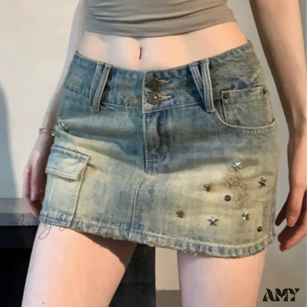 American Retro Rivet Pockets Denim Summer High Waist Vintage Fashion A-Line Skirt Blue / S