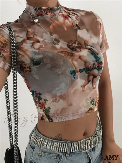 Amy - Angel Print Meshsexy Graphic Tees Hot Sale Crop Top