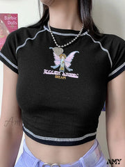 Amy - Butterfly Graphic Green Short Sleeve Vintage Tee Crop Top