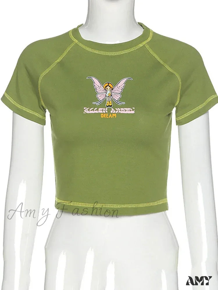 Amy - Butterfly Graphic Green Short Sleeve Vintage Tee Crop Top