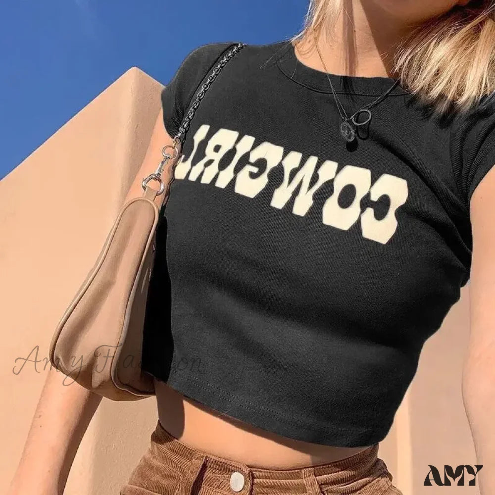 Amy - Cowgirl Print Casual Streetwear Short Sleeve Crop Top