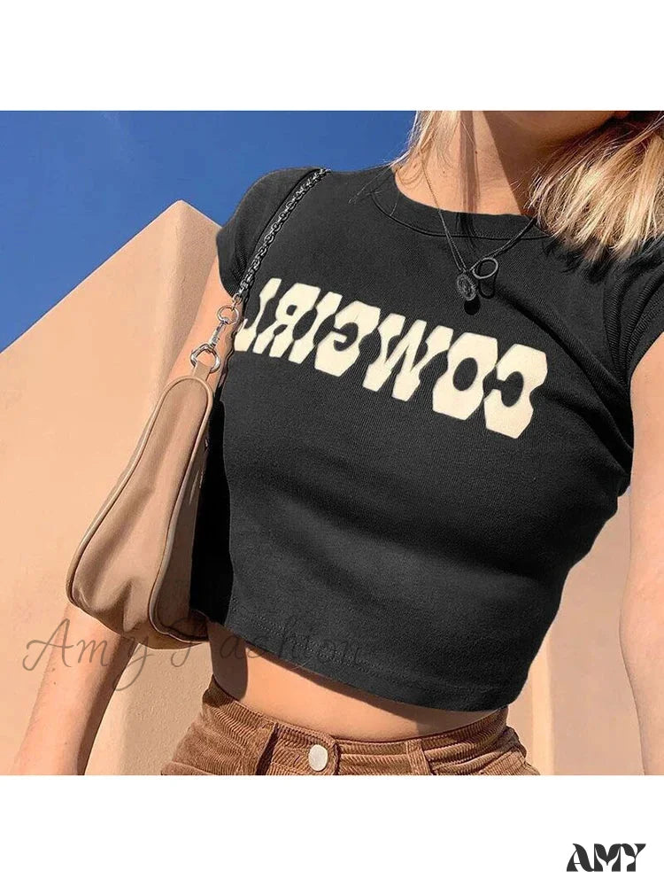 Amy - Cowgirl Print Casual Streetwear Short Sleeve Crop Top