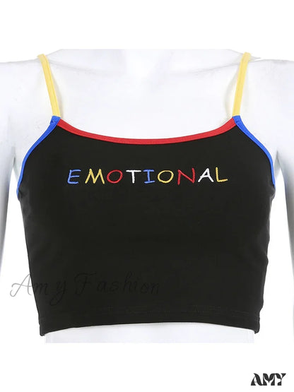 Amy - Cropped Spaghetti Strap Eomtional Letter Tank Tops Crop Top