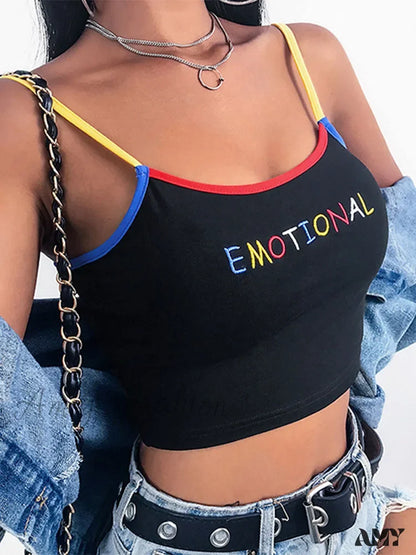 Amy - Cropped Spaghetti Strap Eomtional Letter Tank Tops Crop Top