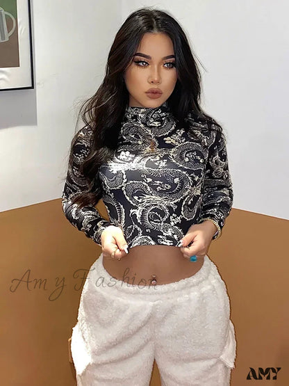 Amy - Dragon Printed High Collar Slim T-Shirt Crop Top