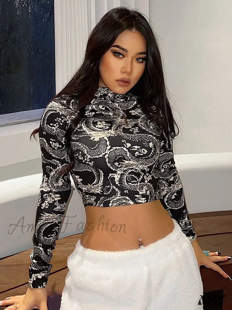 Amy - Dragon Printed High Collar Slim T-Shirt Crop Top