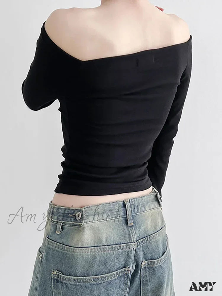 Amy - Elegant Slim Sexy Cropped Black Long Sleeve Korean Fall Crop Top