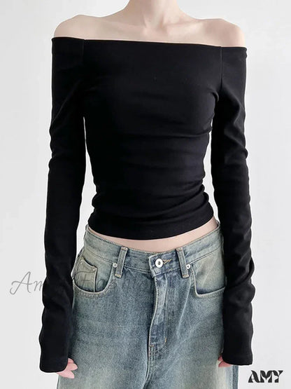 Amy - Elegant Slim Sexy Cropped Black Long Sleeve Korean Fall Crop Top