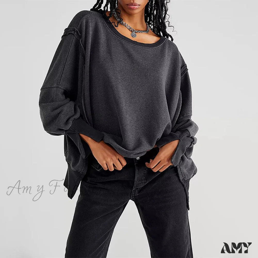 Amy Fashion - 100% Cotton Long Sleeve Pullover Sweatshirts Gray / One Size