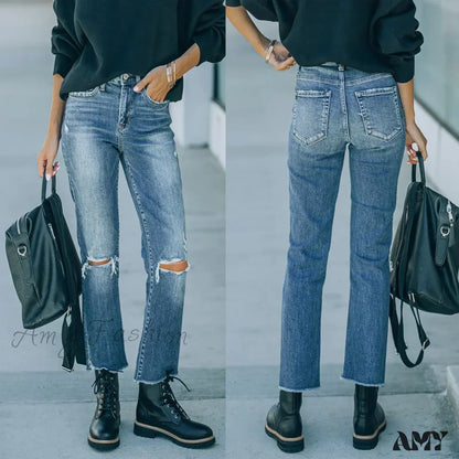 Amy Fashion - 2024 Blue New Hole Straight Women’s All-Match High Waist Casual Ladies Washed Jean / S