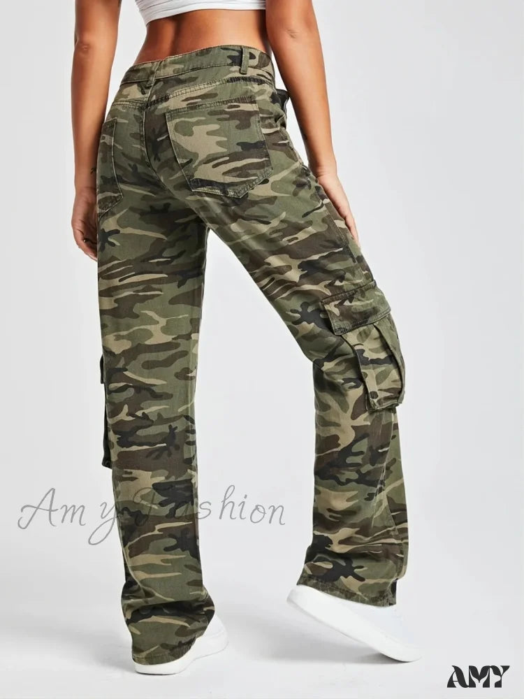 Amy Fashion - 2024 Camouflage Women’s Cargo High Wist Vintage Baggy Denim Straight Casual Jean