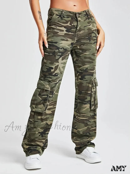 Amy Fashion - 2024 Camouflage Women’s Cargo High Wist Vintage Baggy Denim Straight Casual Jean