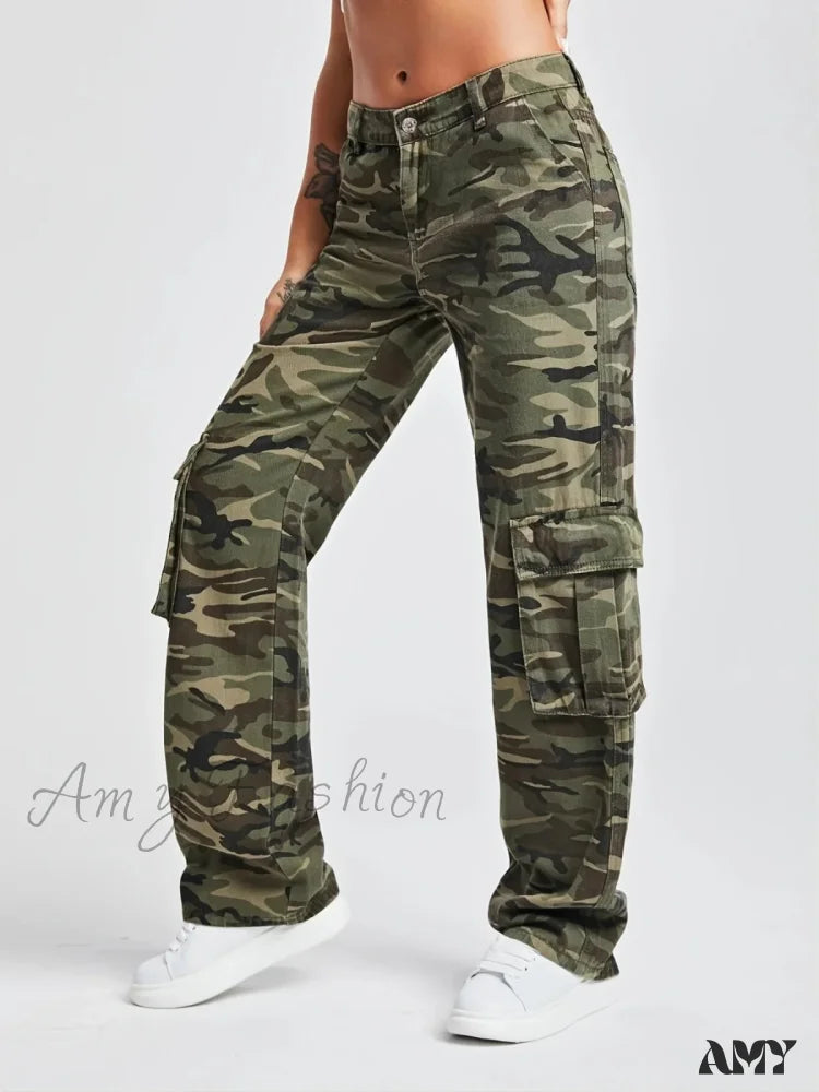 Amy Fashion - 2024 Camouflage Women’s Cargo High Wist Vintage Baggy Denim Straight Casual Jean