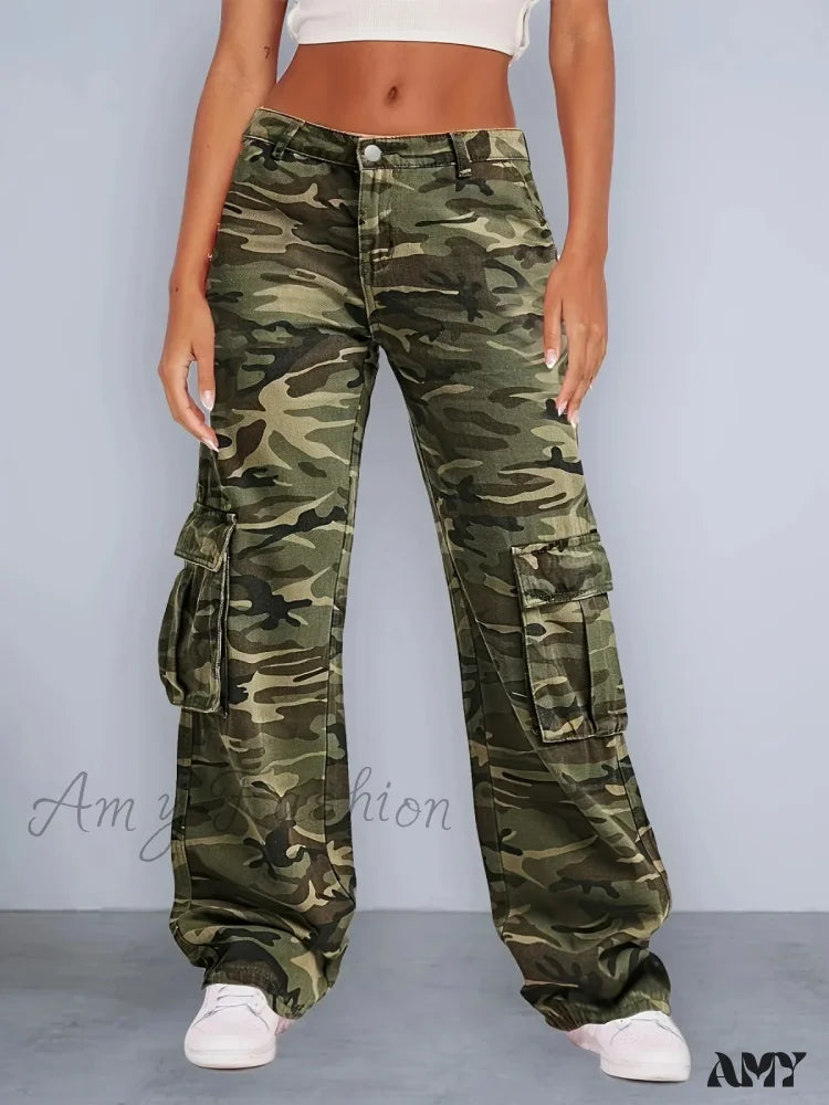 Amy Fashion - 2024 Camouflage Women’s Cargo High Wist Vintage Baggy Denim Straight Casual Jean