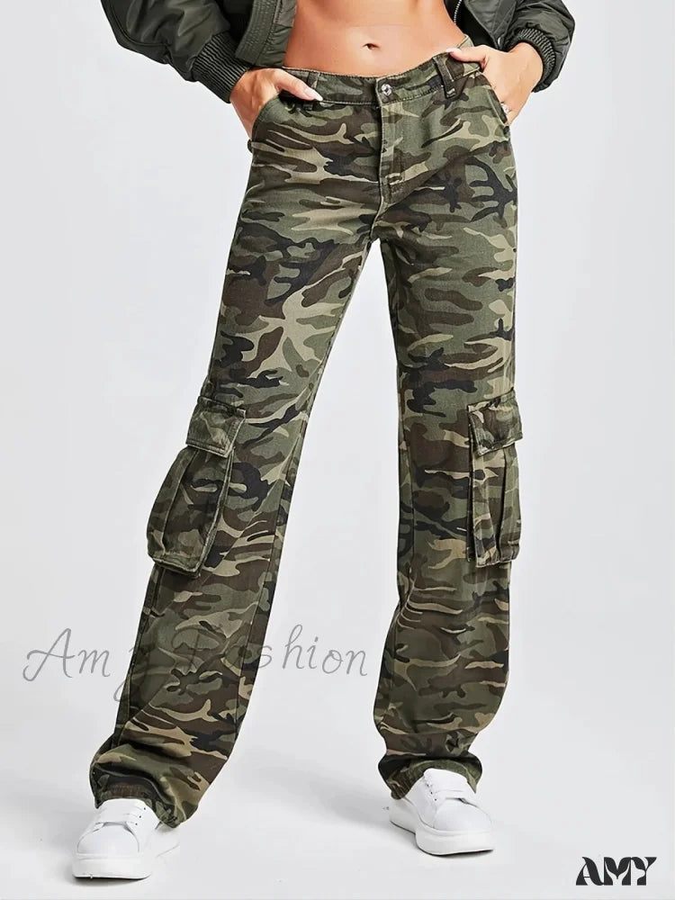 Amy Fashion - 2024 Camouflage Women’s Cargo High Wist Vintage Baggy Denim Straight Casual Jean