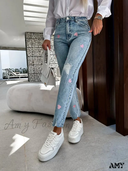 Amy Fashion - 2024 Casual Star Printed Women High Waist Elegant Denim Ripped Hole Streetwear Jean