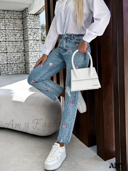 Amy Fashion - 2024 Casual Star Printed Women High Waist Elegant Denim Ripped Hole Streetwear Jean