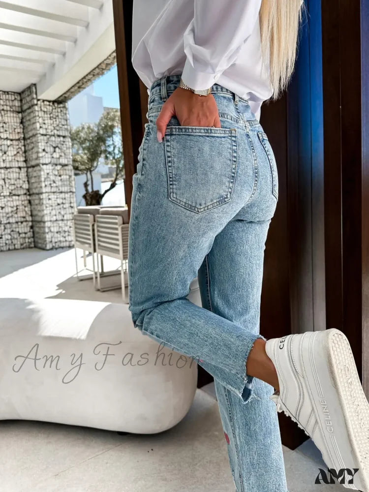 Amy Fashion - 2024 Casual Star Printed Women High Waist Elegant Denim Ripped Hole Streetwear Jean