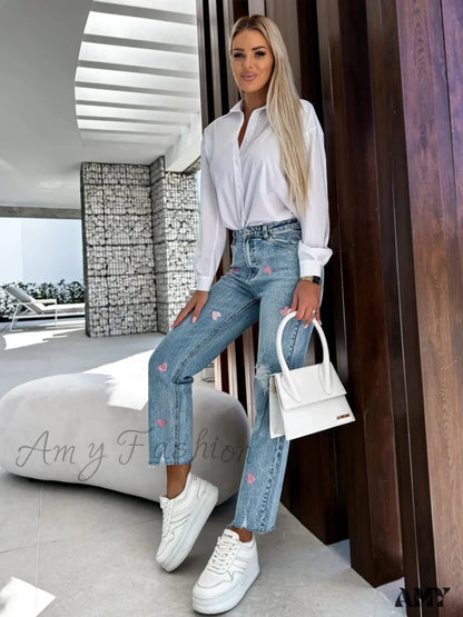 Amy Fashion - 2024 Casual Star Printed Women High Waist Elegant Denim Ripped Hole Streetwear Jean