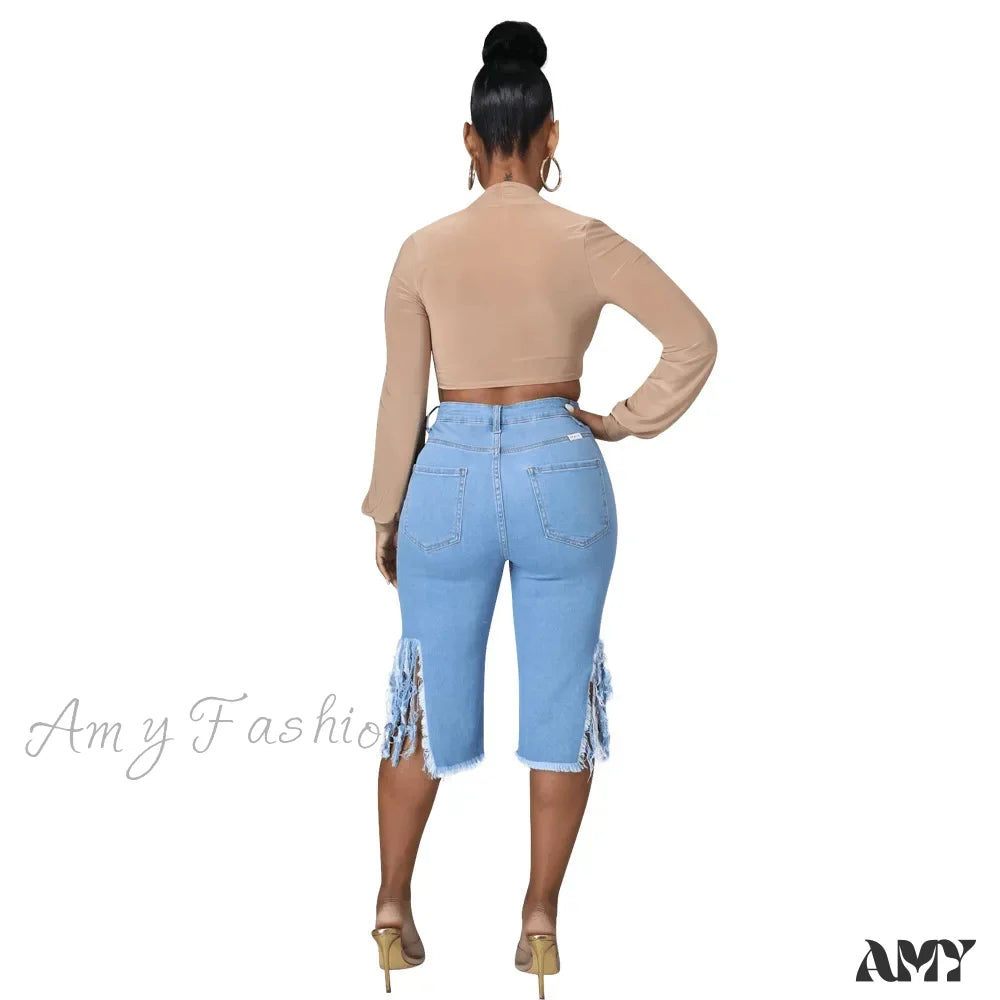 Amy Fashion - 2024 Elastic Tassle Flare Knee Length Denim Pants Women Sexy High Waist Hole Ripped