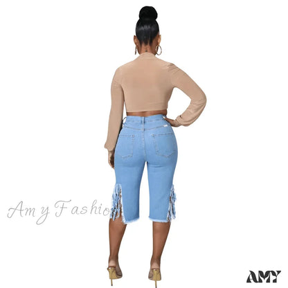 Amy Fashion - 2024 Elastic Tassle Flare Knee Length Denim Pants Women Sexy High Waist Hole Ripped