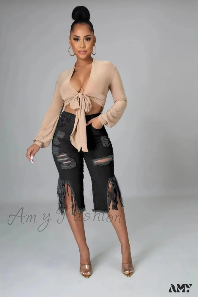 Amy Fashion - 2024 Elastic Tassle Flare Knee Length Denim Pants Women Sexy High Waist Hole Ripped