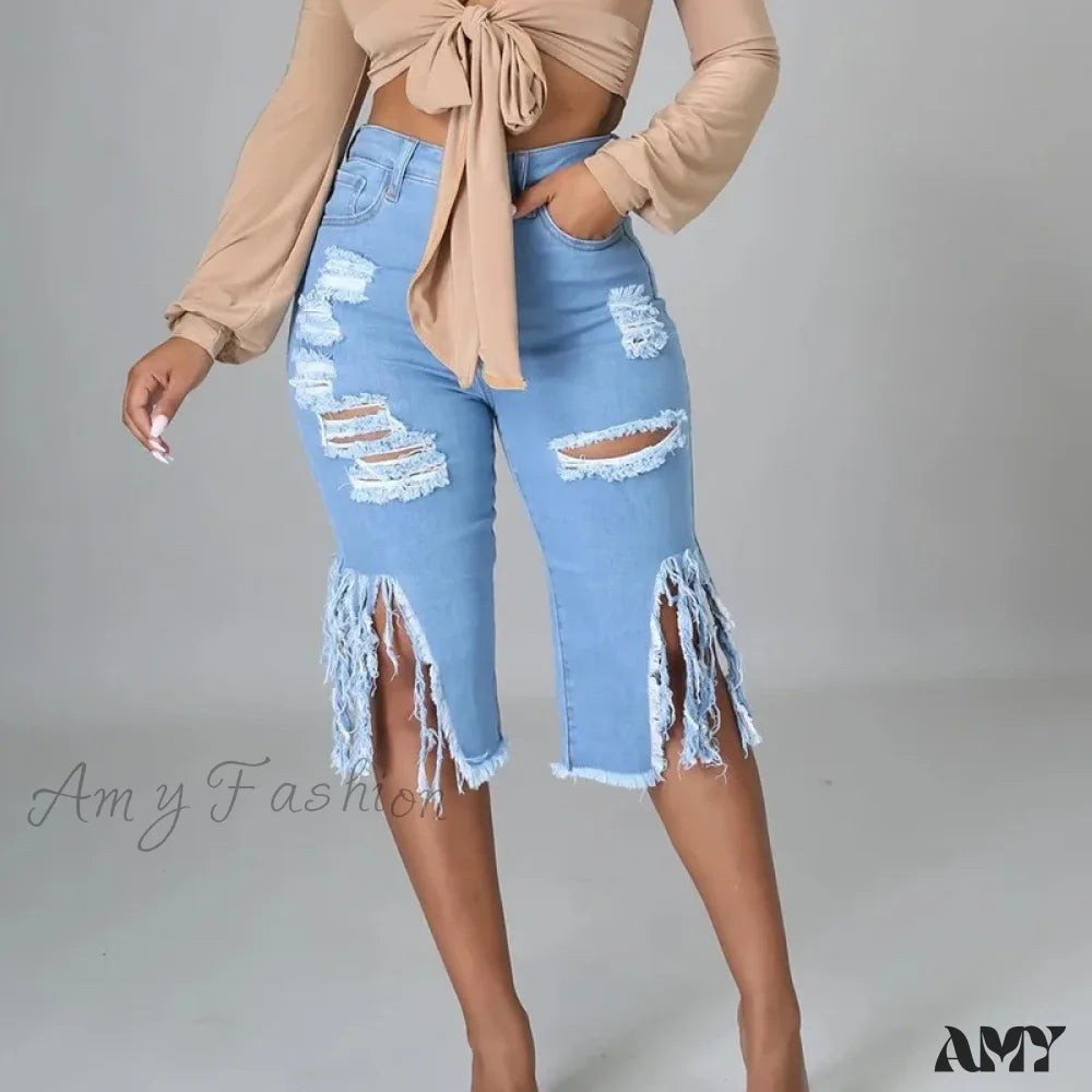 Amy Fashion - 2024 Elastic Tassle Flare Knee Length Denim Pants Women Sexy High Waist Hole Ripped