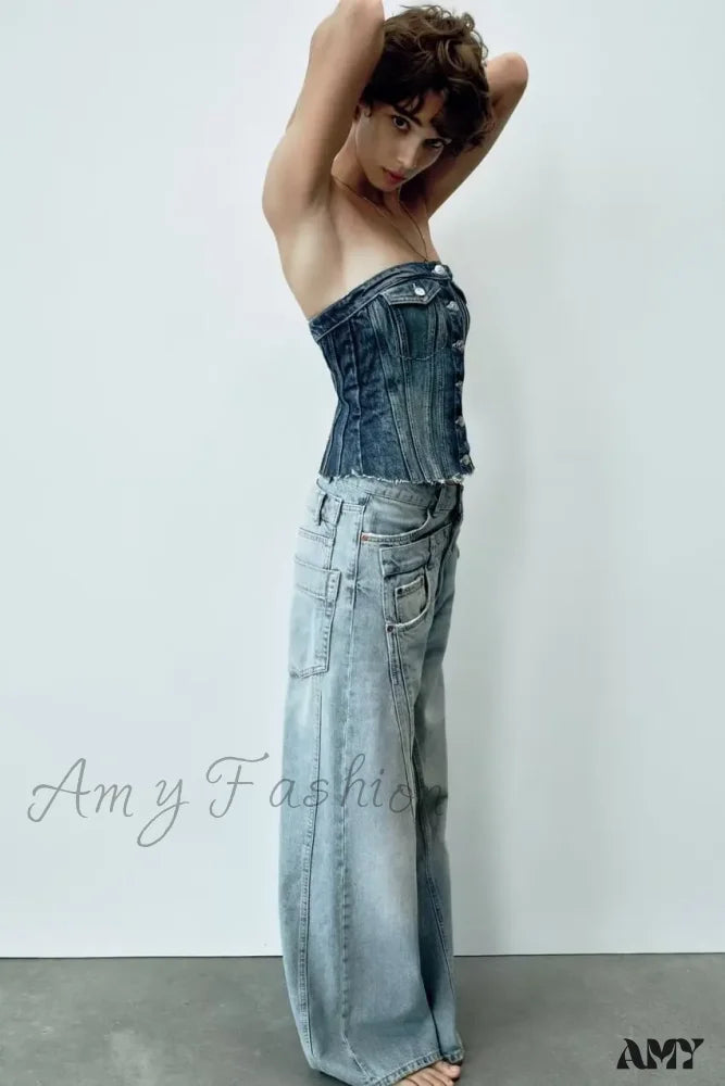 Amy Fashion - 2024 Female Patchwork Denim Pant High Waist Vintage Women Casual Street Slim Wide Leg