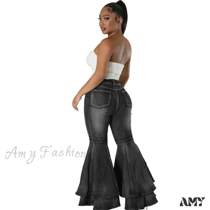 Amy Fashion - 2024 High Waist Flare Casual Stretch Skinny Streetwear Denim Bellbottoms Jean