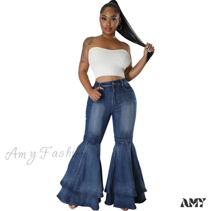 Amy Fashion - 2024 High Waist Flare Casual Stretch Skinny Streetwear Denim Bellbottoms Jean