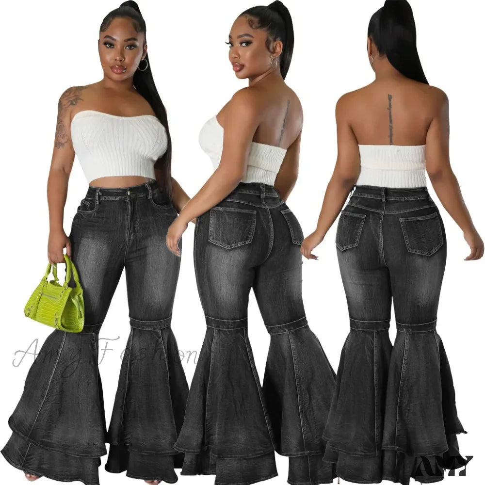 Amy Fashion - 2024 High Waist Flare Casual Stretch Skinny Streetwear Denim Bellbottoms Jean Black /