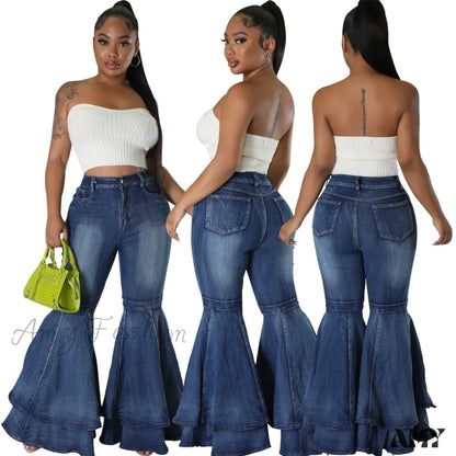 Amy Fashion - 2024 High Waist Flare Casual Stretch Skinny Streetwear Denim Bellbottoms Jean Dark