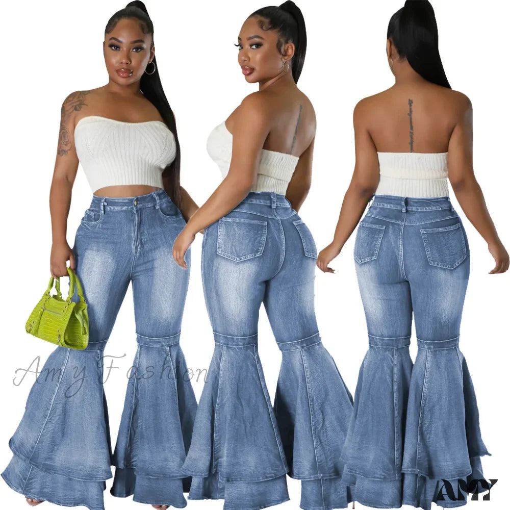 Amy Fashion - 2024 High Waist Flare Casual Stretch Skinny Streetwear Denim Bellbottoms Jean Light