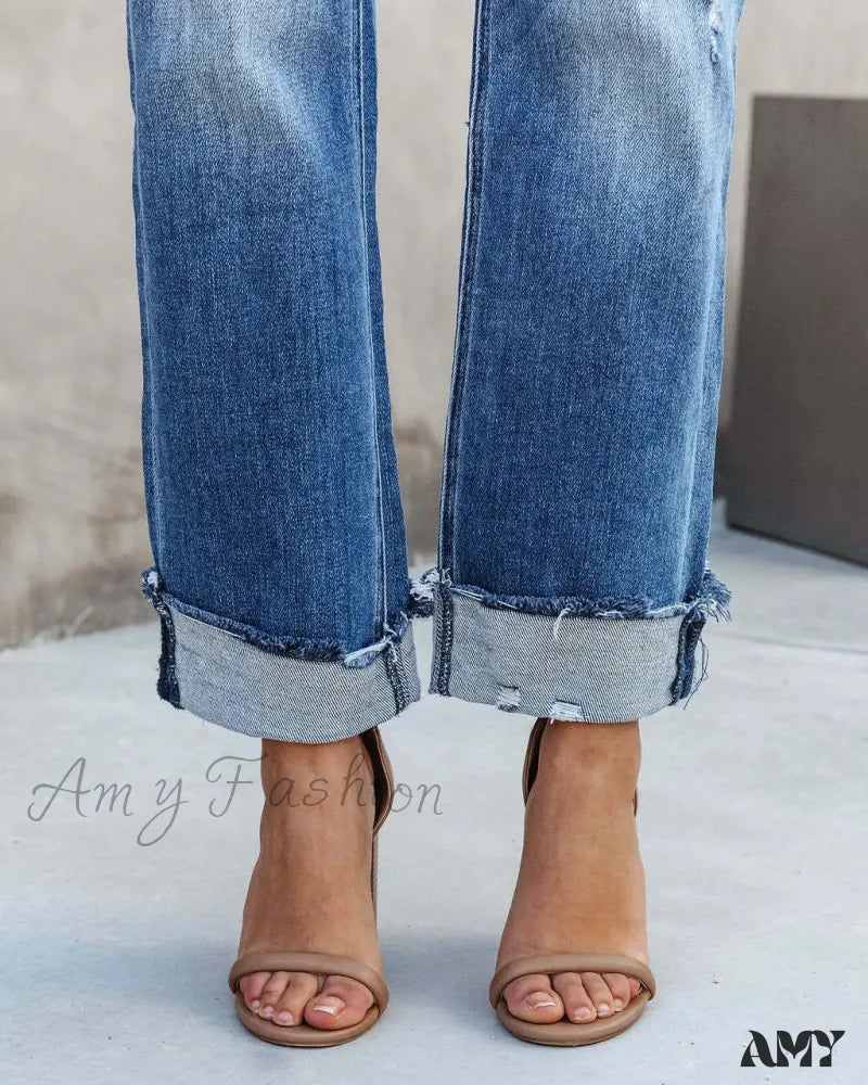 Amy Fashion - 2024 New Casual Loose Women’s Wash Button Pockets High Waist Denim Abrade Elegant Jean