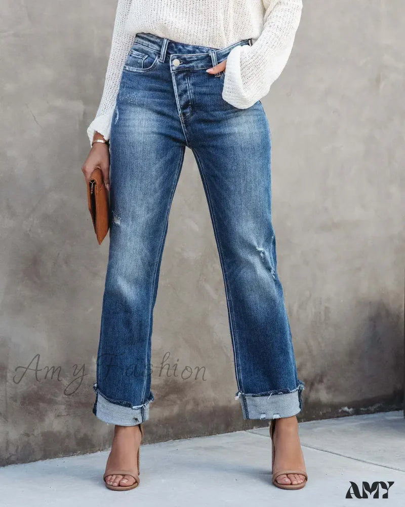 Amy Fashion - 2024 New Casual Loose Women’s Wash Button Pockets High Waist Denim Abrade Elegant Jean