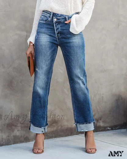 Amy Fashion - 2024 New Casual Loose Women’s Wash Button Pockets High Waist Denim Abrade Elegant Jean