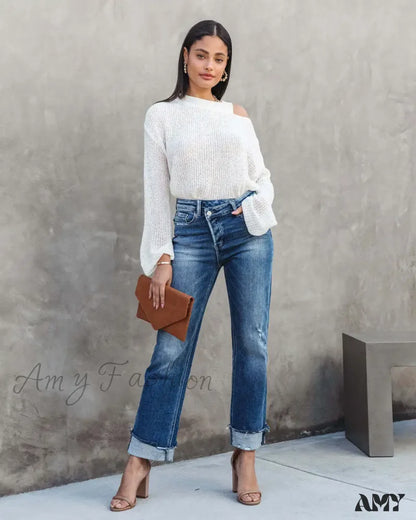 Amy Fashion - 2024 New Casual Loose Women’s Wash Button Pockets High Waist Denim Abrade Elegant Jean