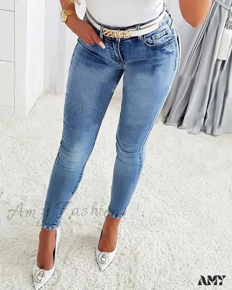 Amy Fashion - 2024 New For Woman Butterfly Pattern Rhinestone Beaded Split Hem Skinny All-Match