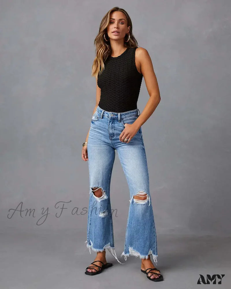 Amy Fashion - 2024 New High Waist Straight Denim Vintage Tassel Women Baggy Spring Summer Blue Jean