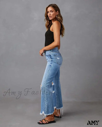 Amy Fashion - 2024 New High Waist Straight Denim Vintage Tassel Women Baggy Spring Summer Blue Jean