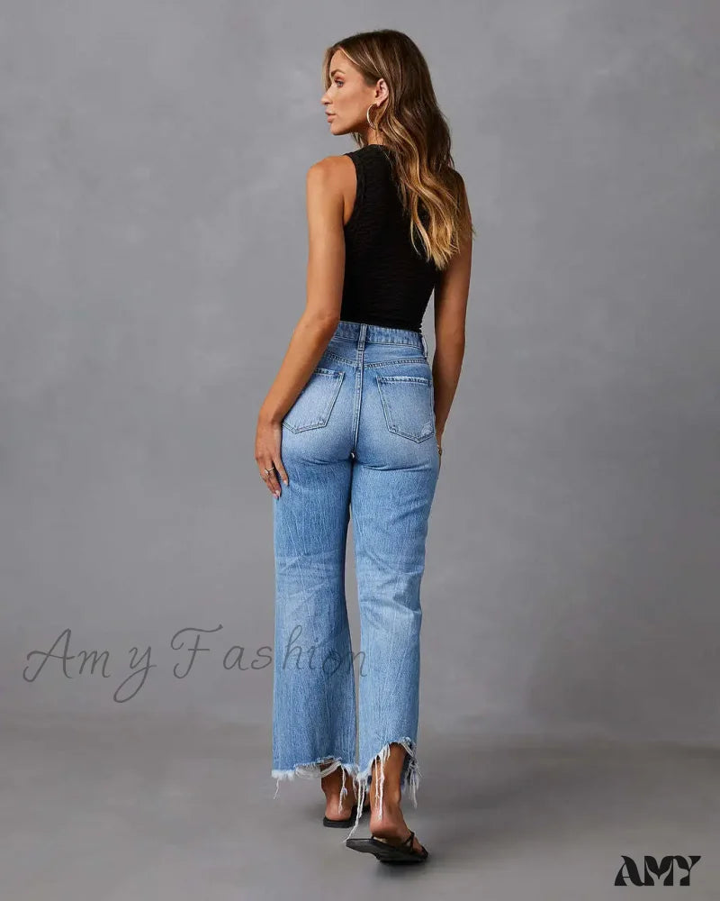 Amy Fashion - 2024 New High Waist Straight Denim Vintage Tassel Women Baggy Spring Summer Blue Jean