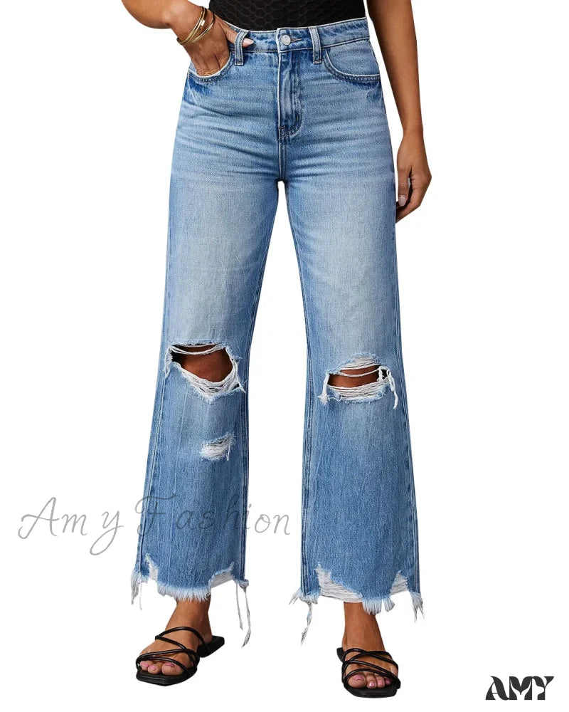 Amy Fashion - 2024 New High Waist Straight Denim Vintage Tassel Women Baggy Spring Summer Blue Jean