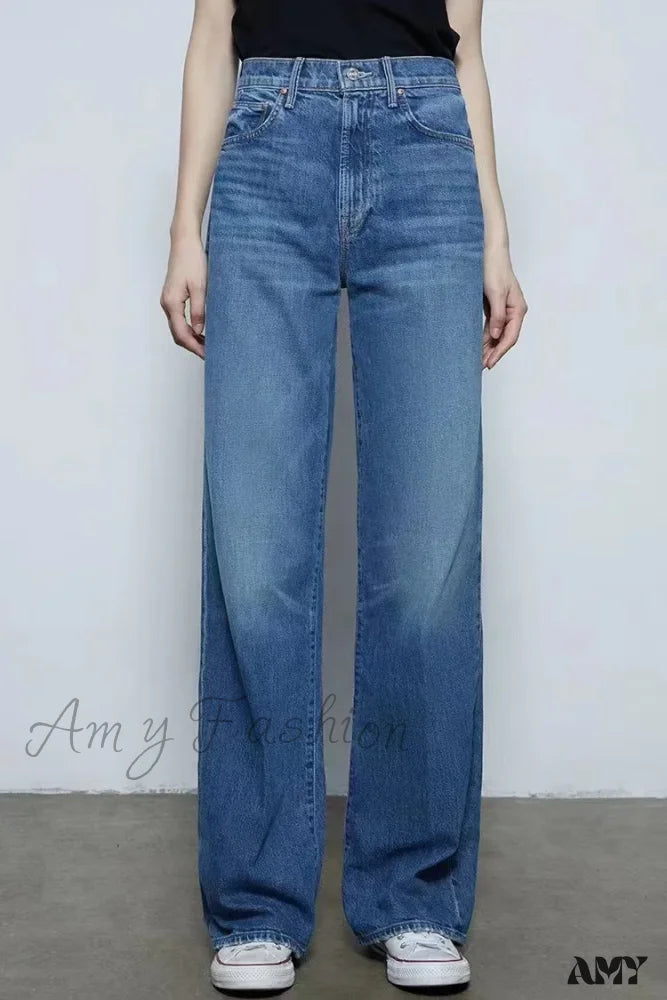 Amy Fashion - 2024 New High-Waisted Wide-Leg Straight Women Solid-Color Embroidered Letter Denim